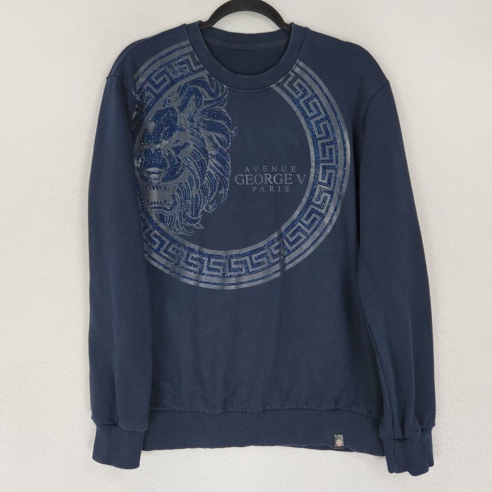Avenue George V Paris Sweater Mens Medium Blue Lion Head Rhinestone Sweatshirt
